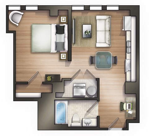 Floor plan for 1 bed, 1 bath, 667 sqft